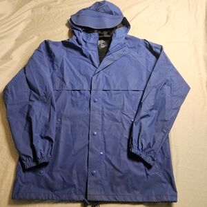Vintage Lands' End Blue Raincoat Unisex Medium 90s PVC Coated Hooded Jacket